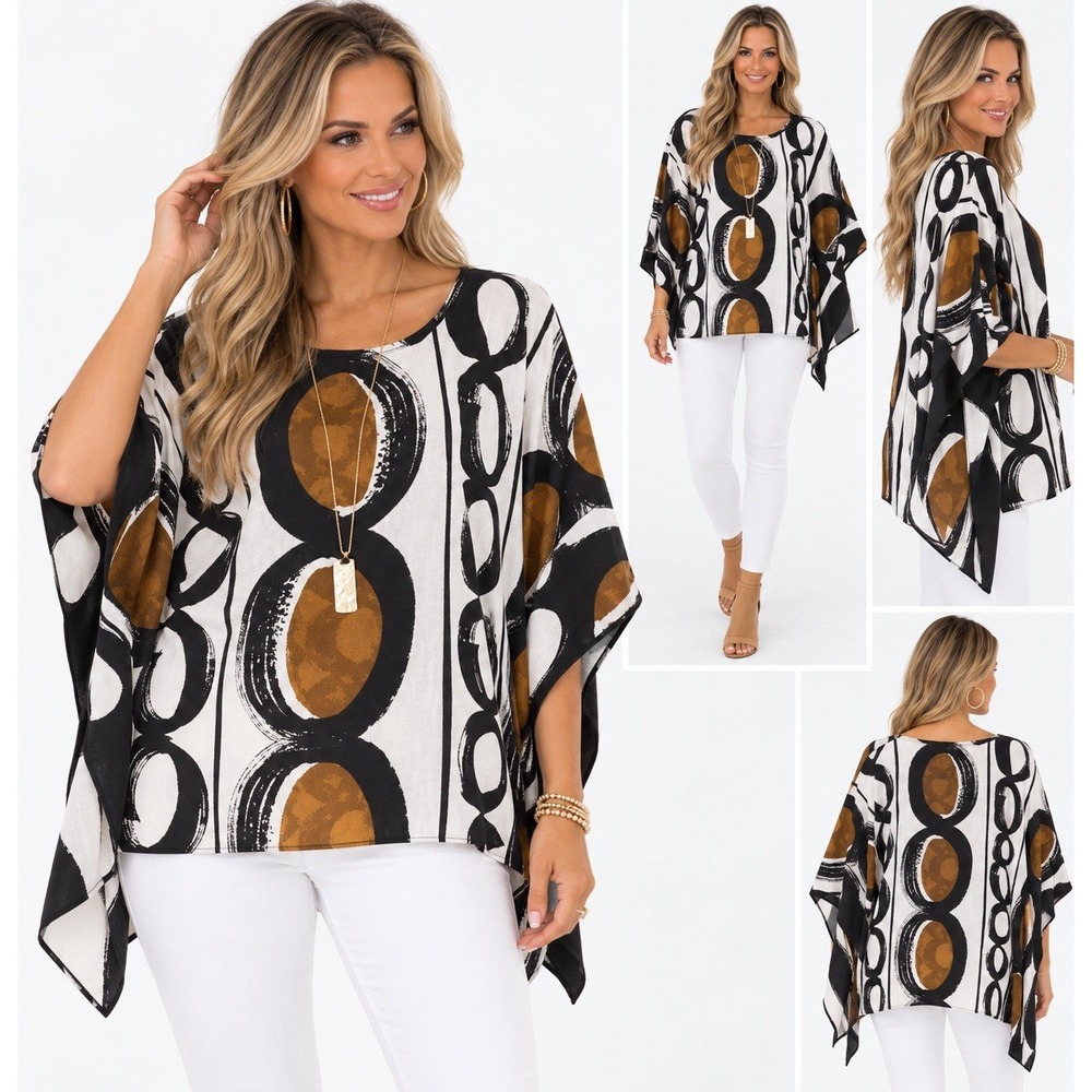 Chico's Poncho Women's S M Caftan Brown & Black White Abstract Sleeve